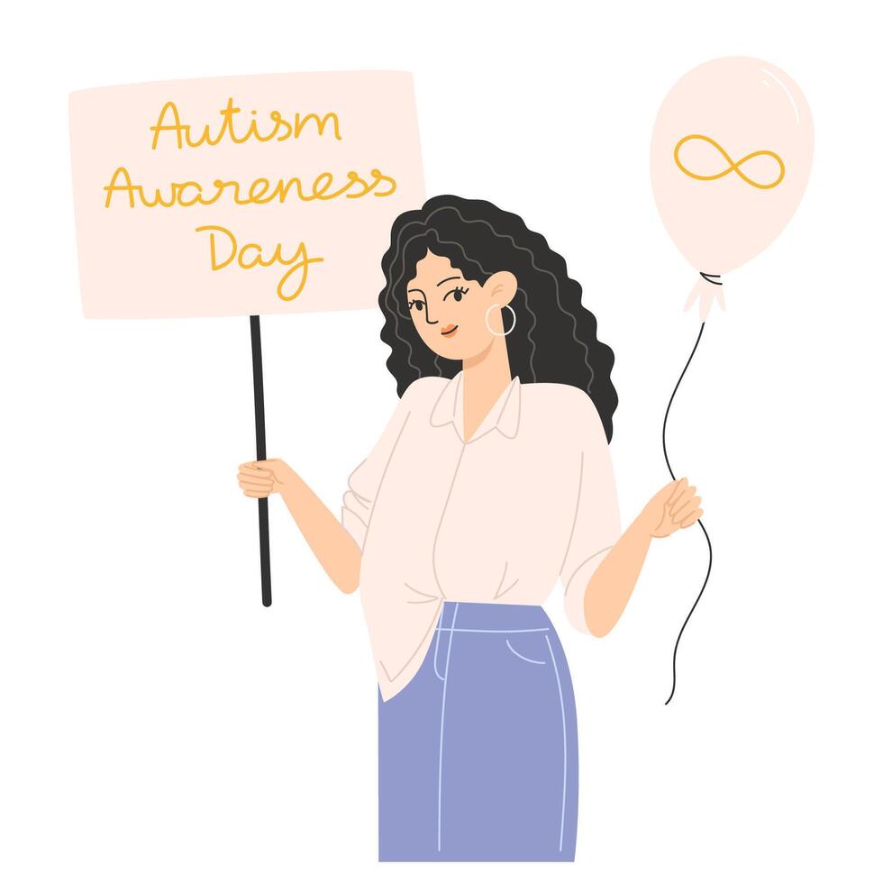 A woman holding a balloon and a gold infinity symbol poster for Autism Awareness Day vector