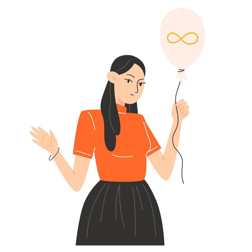 A woman holds a balloon with a golden infinity symbol for Autism Awareness Day vector