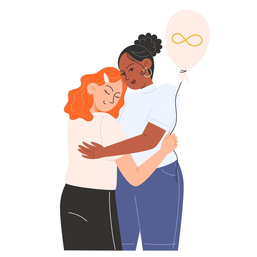 Women hugging each other and holding gold infinity balloon for Autism Awareness Day vector
