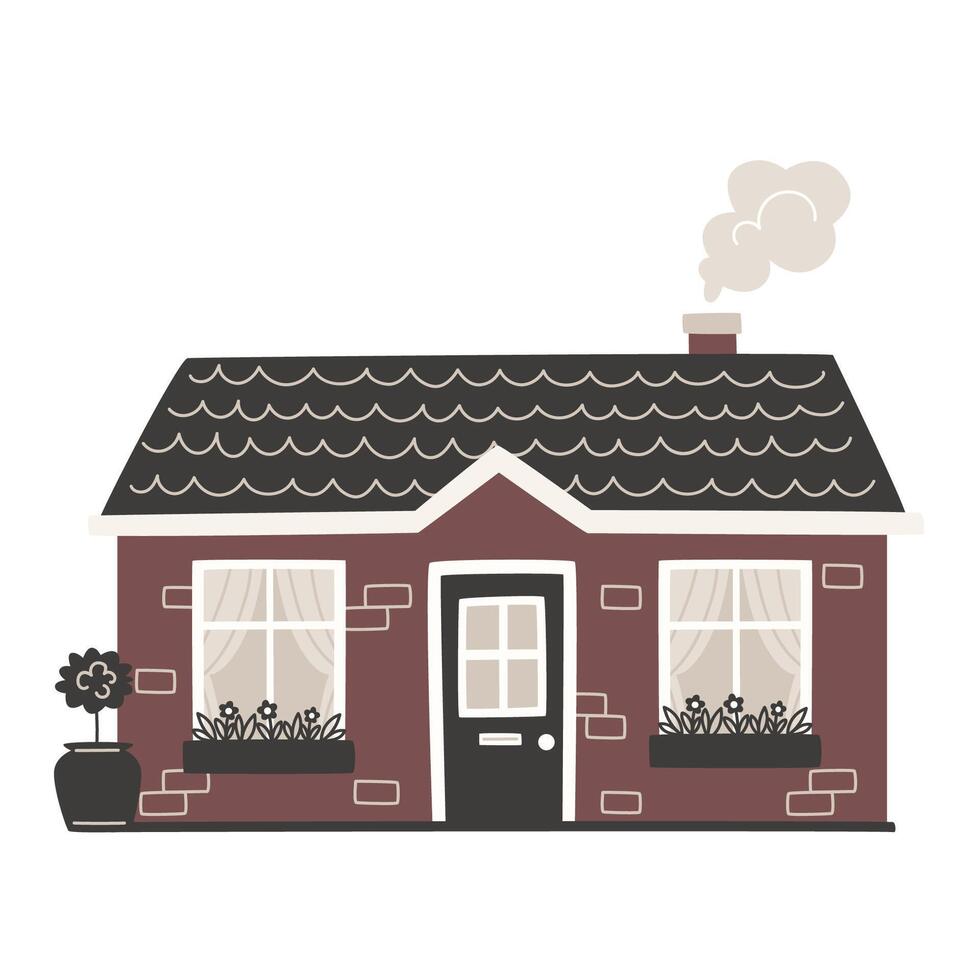A small European house with a black door in cartoon style vector