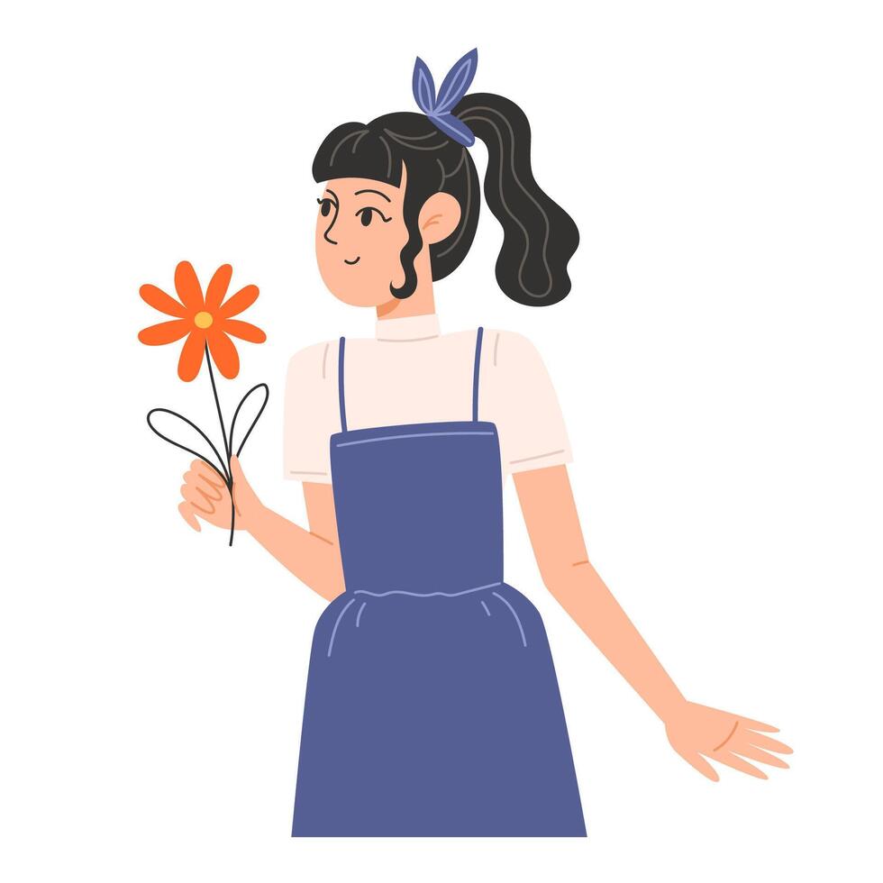 un joven mujer participación un flor, ilustración en plano estilo vector