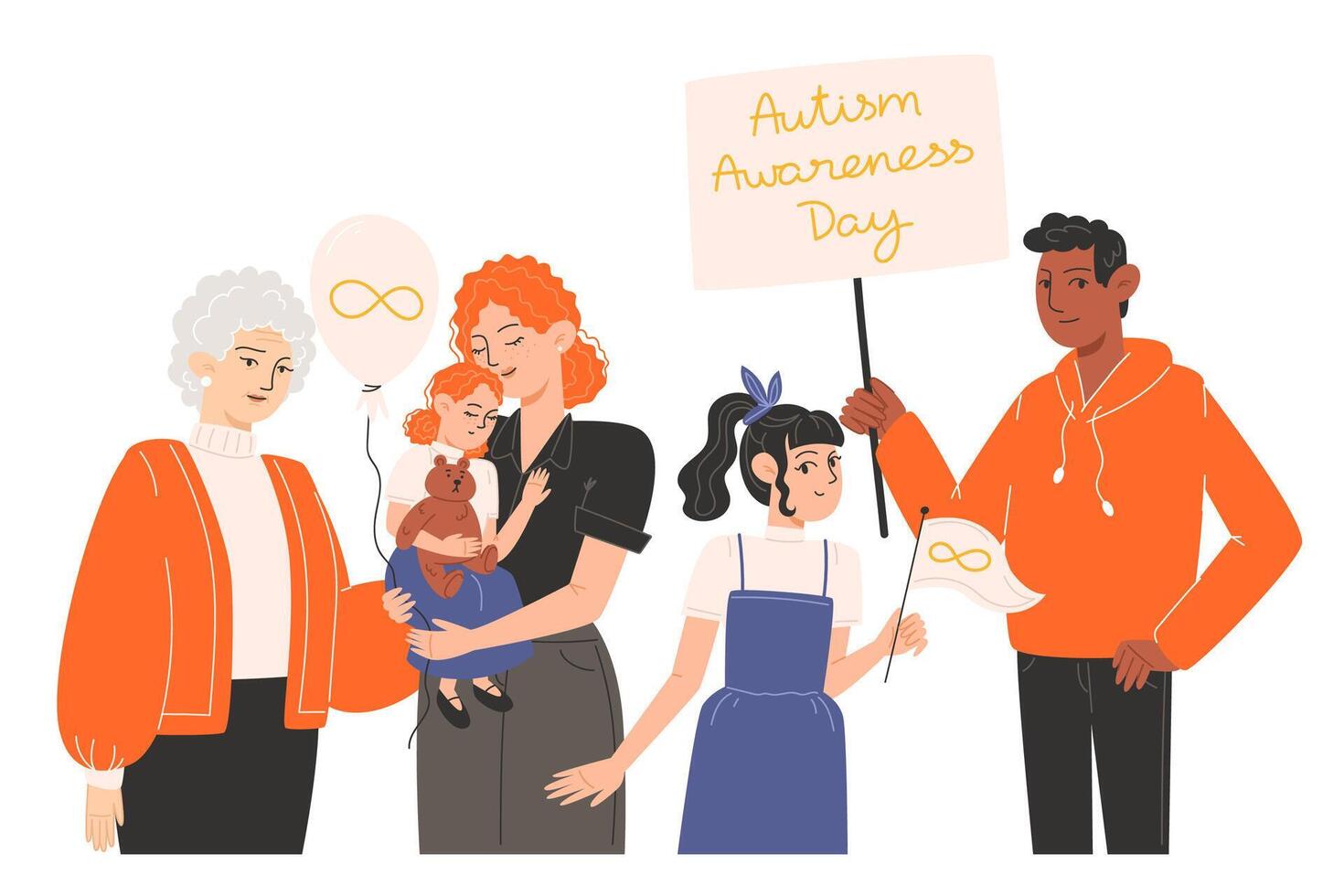 Group of people standing together with symbols of Autism Awareness Day vector