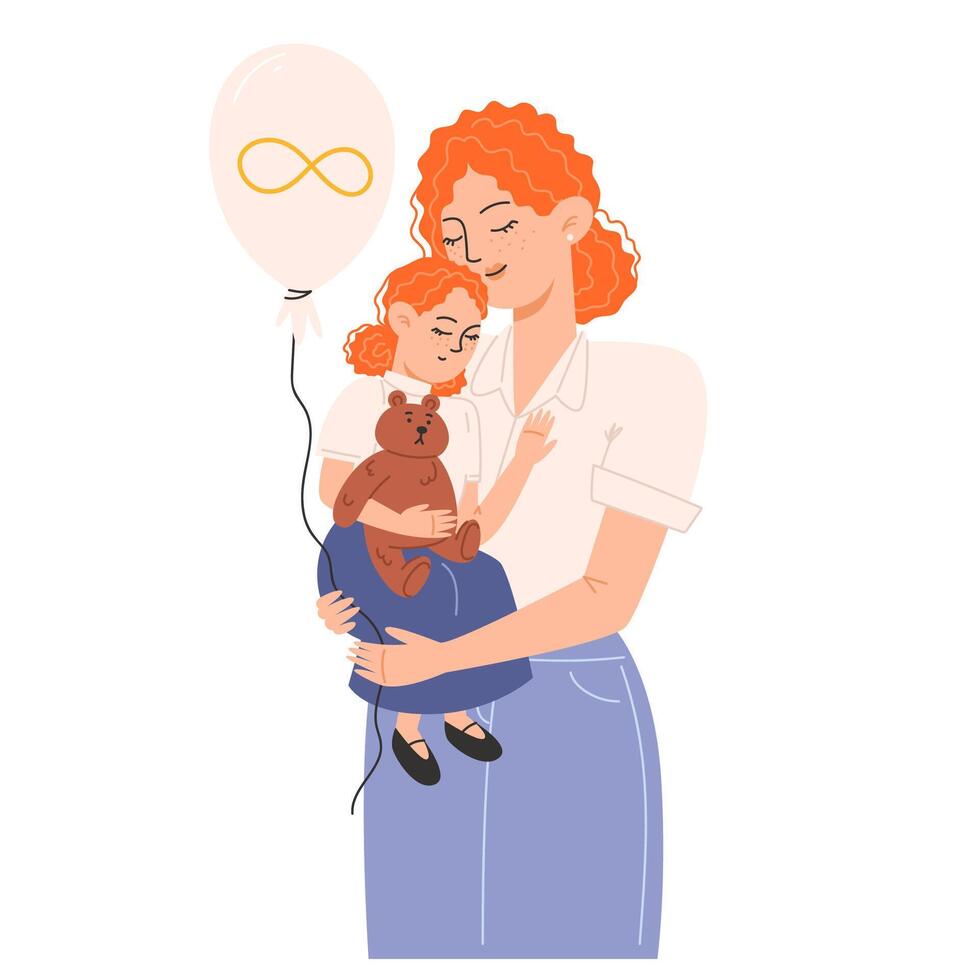 A young woman holds a child in her arms and a balloon with a golden infinity symbol for Autism Awareness Day vector