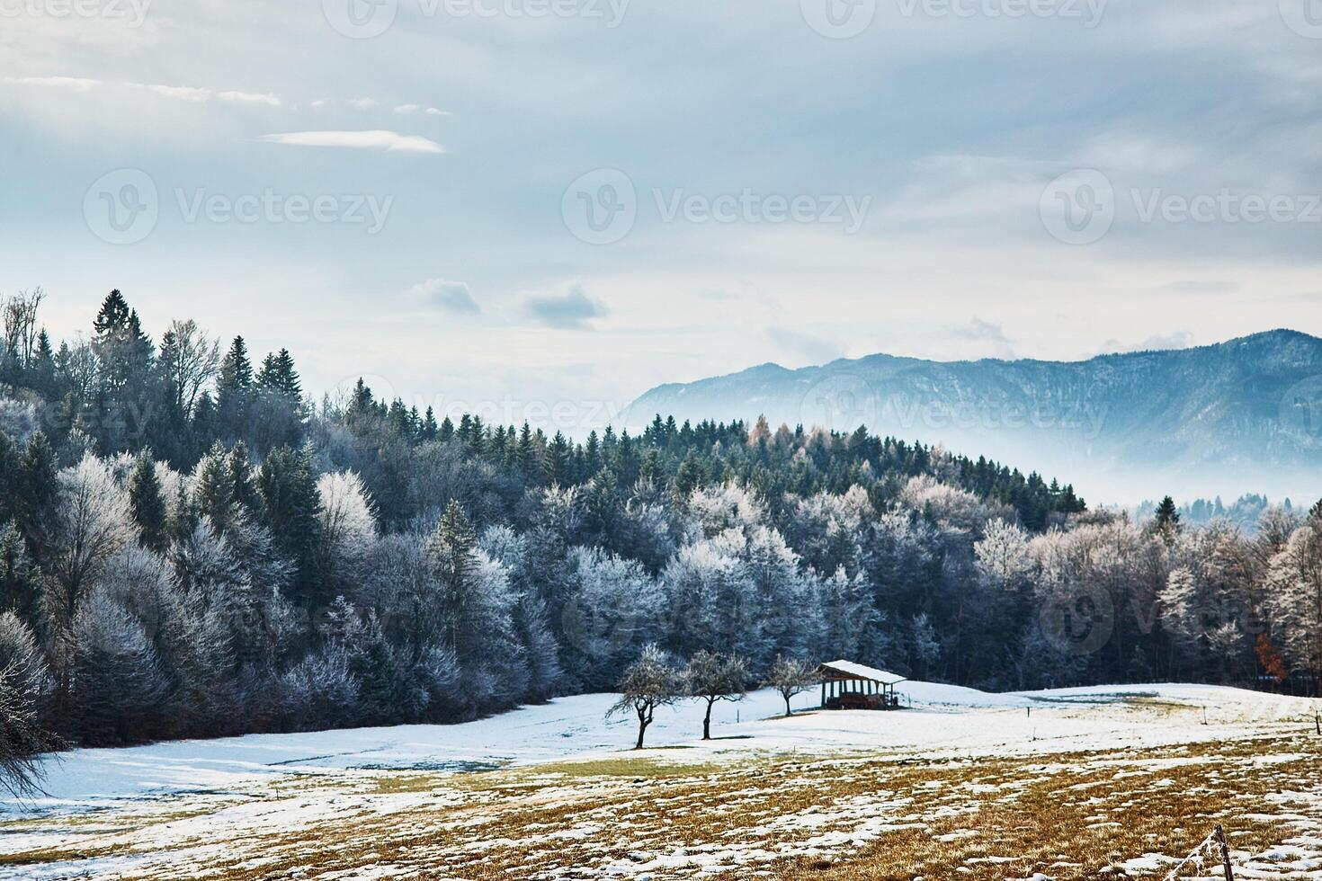 Winter landscape of field with mountains photo