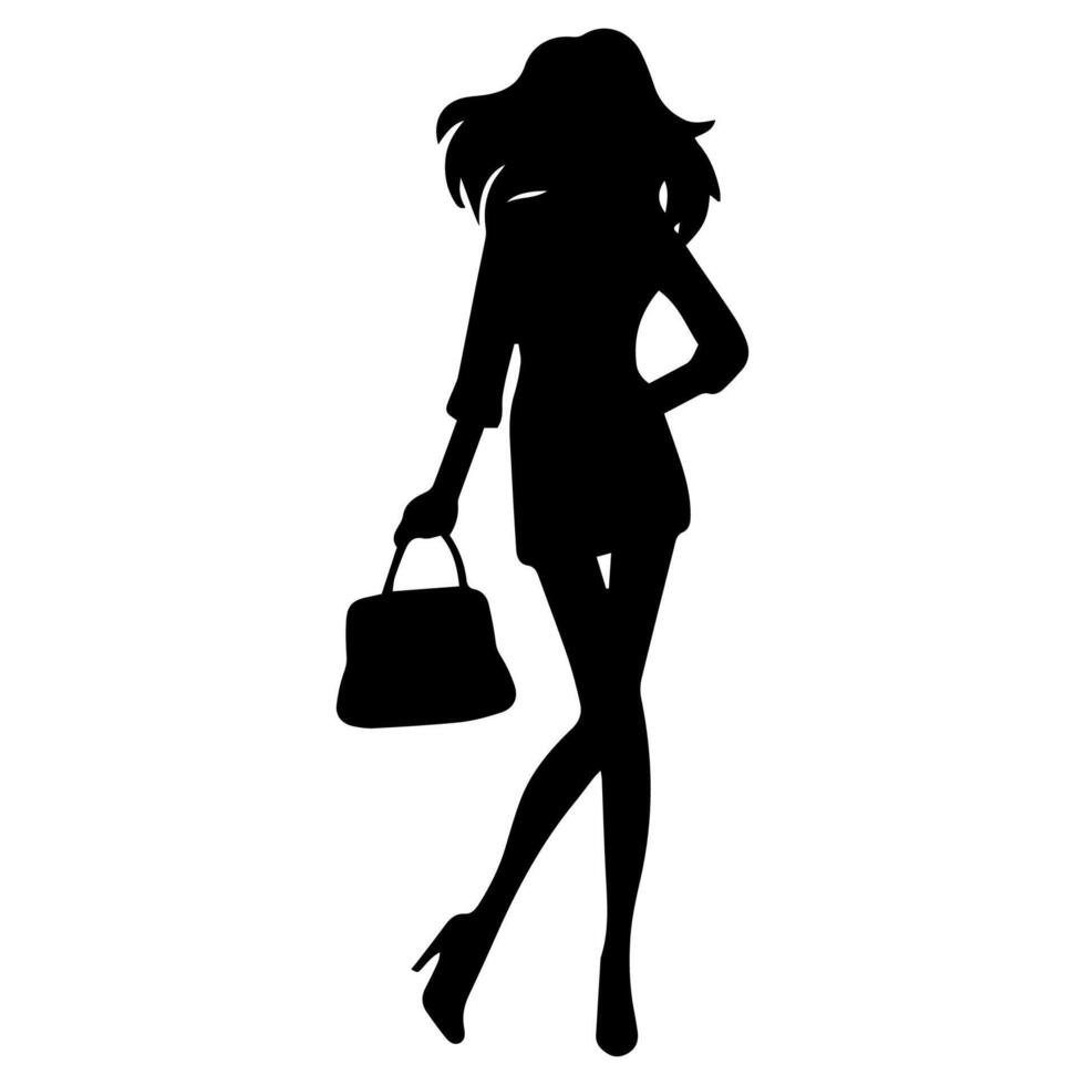 silhouette of Woman wearing high heels , Standing pose holding a bag, on a white background vector