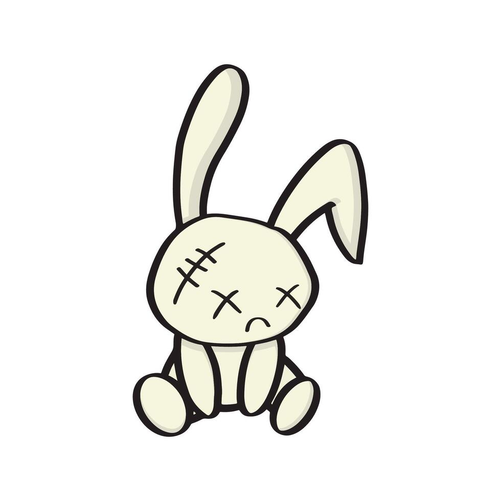 white sad rabbit stitched-eye and big droopy ears, Easter day. vector