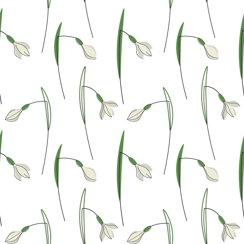 Snowdrops flowers spring seamless pattern repeating background hand drawn flat vector illustration. Texture ornament with glade forest flower plants for wrapping banner flyer card print paper textile