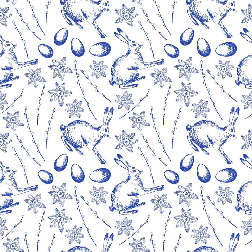 Easter seamless pattern repeating background with bunny, willow flowers, Easter eggs ink sketch with engraving hand drawn vector illustration festive design for print, card, paper, textile, wrapping