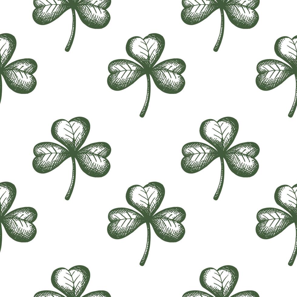 Clovers Saint Patrick's day seamless pattern engraved shamrock sketch repeating background hand drawn vector illustration design for St. Patrick's Irish festival for flyer card paper textile wrapping
