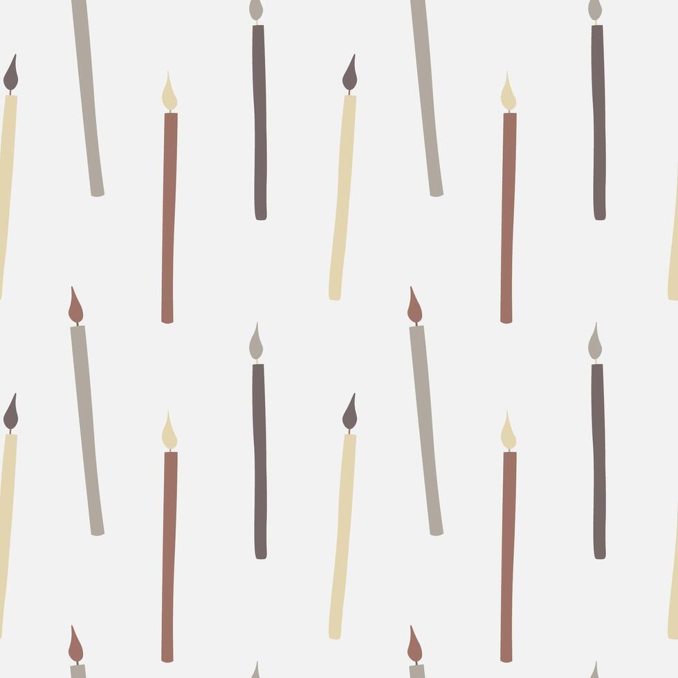 Candles boho seamless pattern repeating celebration background with wax candles with different small glowing flames hand drawn vector illustration, design for birthday party, church candle