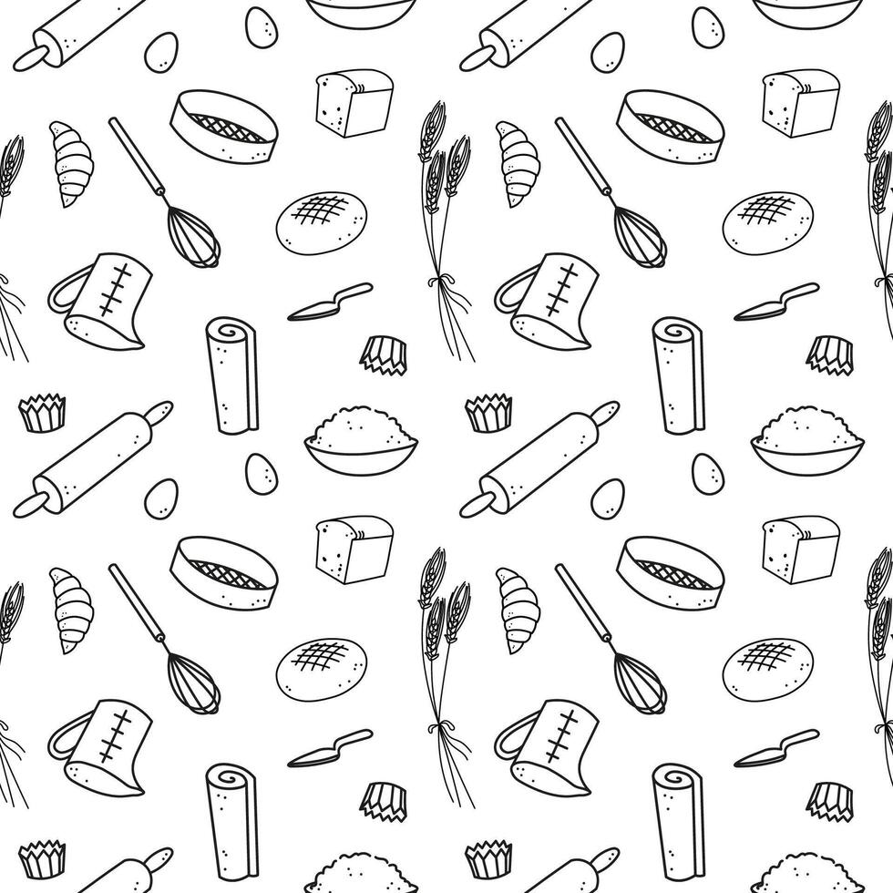 Baking equipments background hand drawn ink sketch seamless pattern vector illustration with dough, eggs, rolling pin, flour, wheat, ingredients tools cooking baked goods. Design for bakery, menu cafe