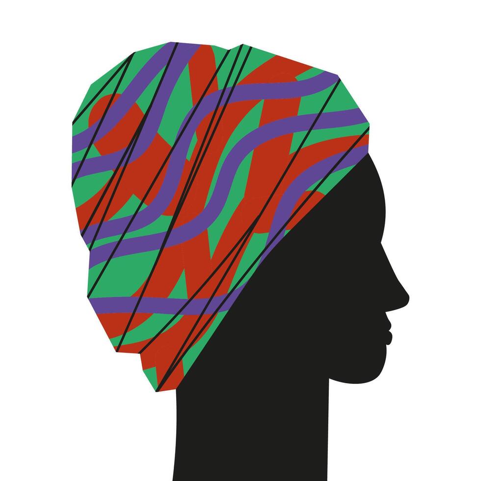 Afro American beautiful girl in profile wearing turban headdress hand drawn flat vector illustration isolated background silhouettes of ethnic south african character, design element for card, print