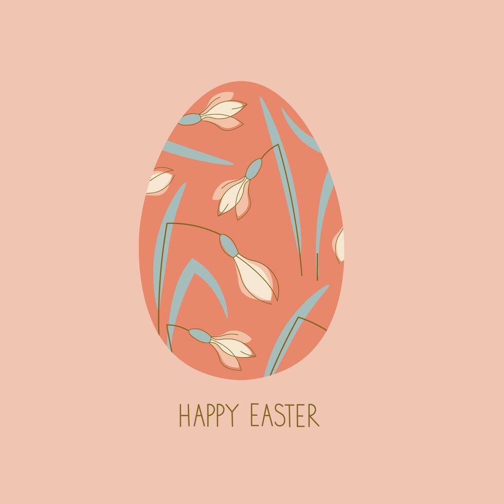 Easter card background with modern Easter egg snowdrops flowers hand drawn flat vector illustration, design festive border frame for greeting card ,banner, flyer, poster, wrapping, template, paper