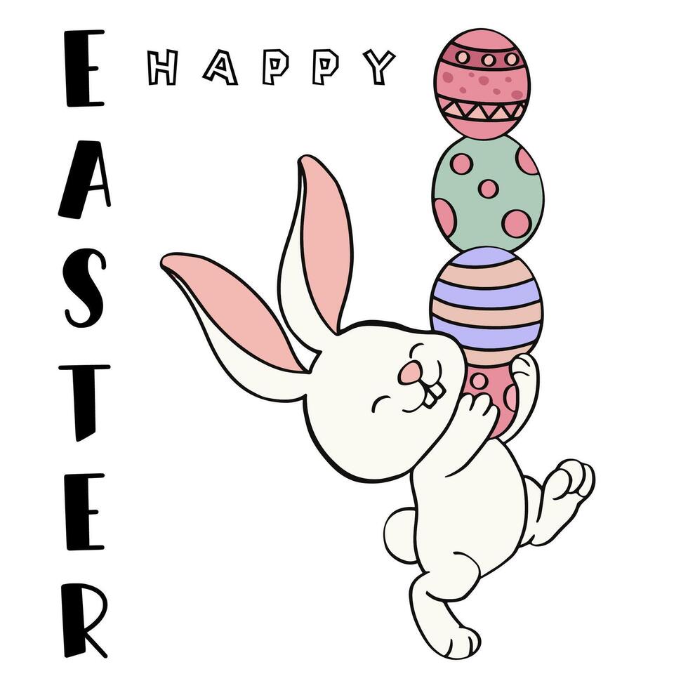 Happy white Easter bunny holding a colorful stack of Easter eggs. vector