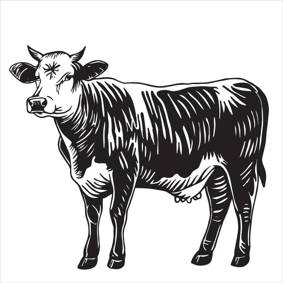 cow, black and white illustration in sketch style, engraving. vintage drawing, farm animal vector