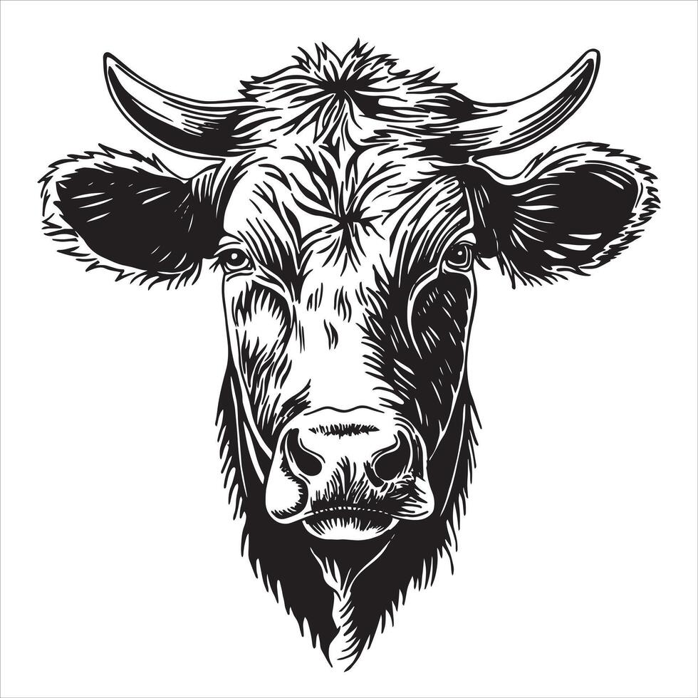 retrato de un vaca, negro y blanco ilustración en bosquejo estilo, grabado. Clásico dibujo, granja animal vector