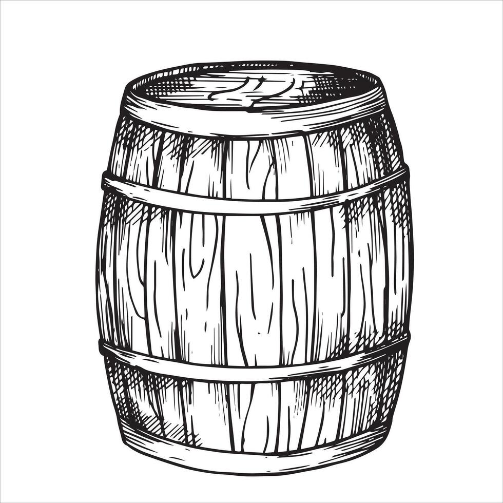 de madera barril con cerveza, vino, negro y blanco ilustración en bosquejo estilo, grabado. Clásico dibujo vector