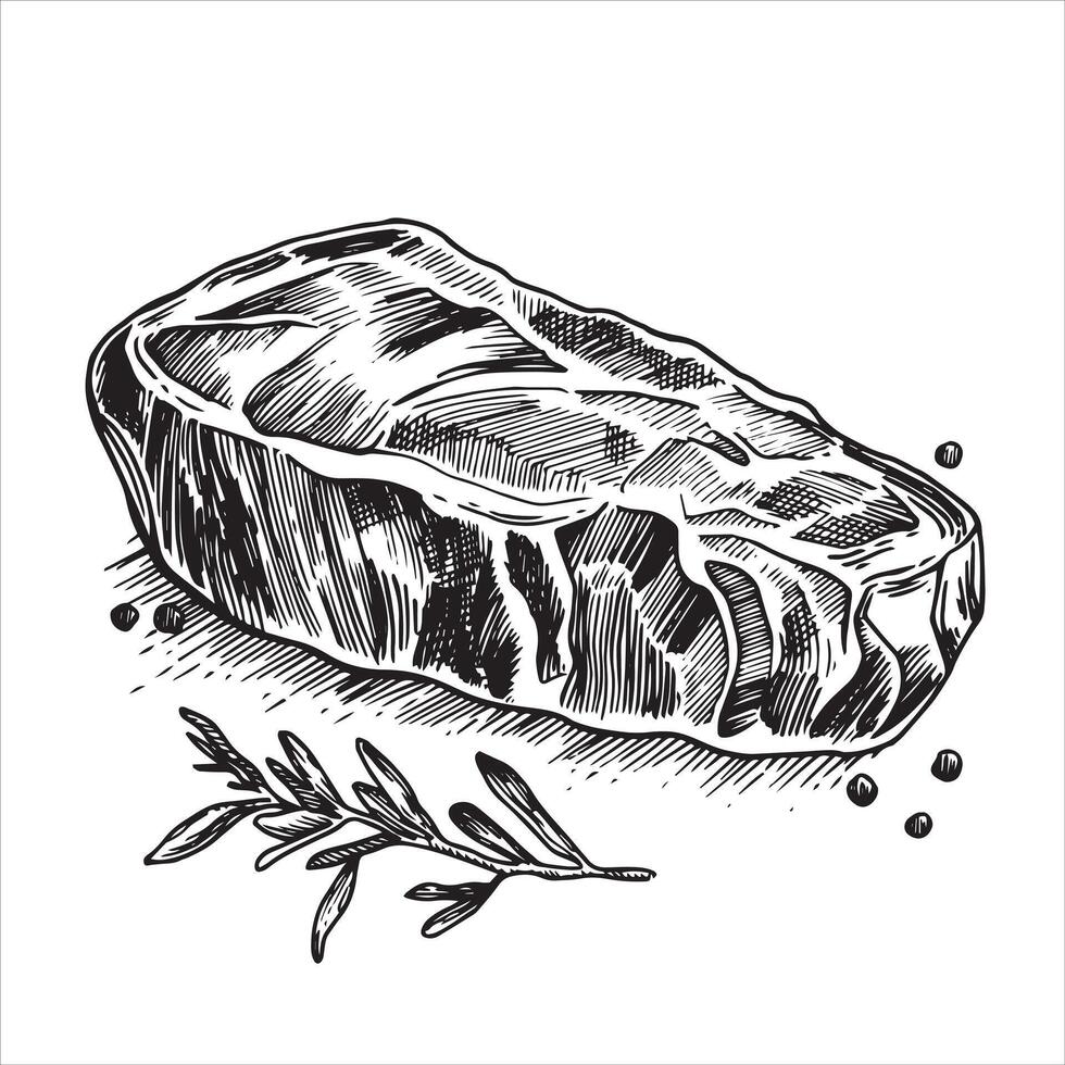 piece of meat, steak. black and white drawing in sketch style, engraving. beef, pork vector