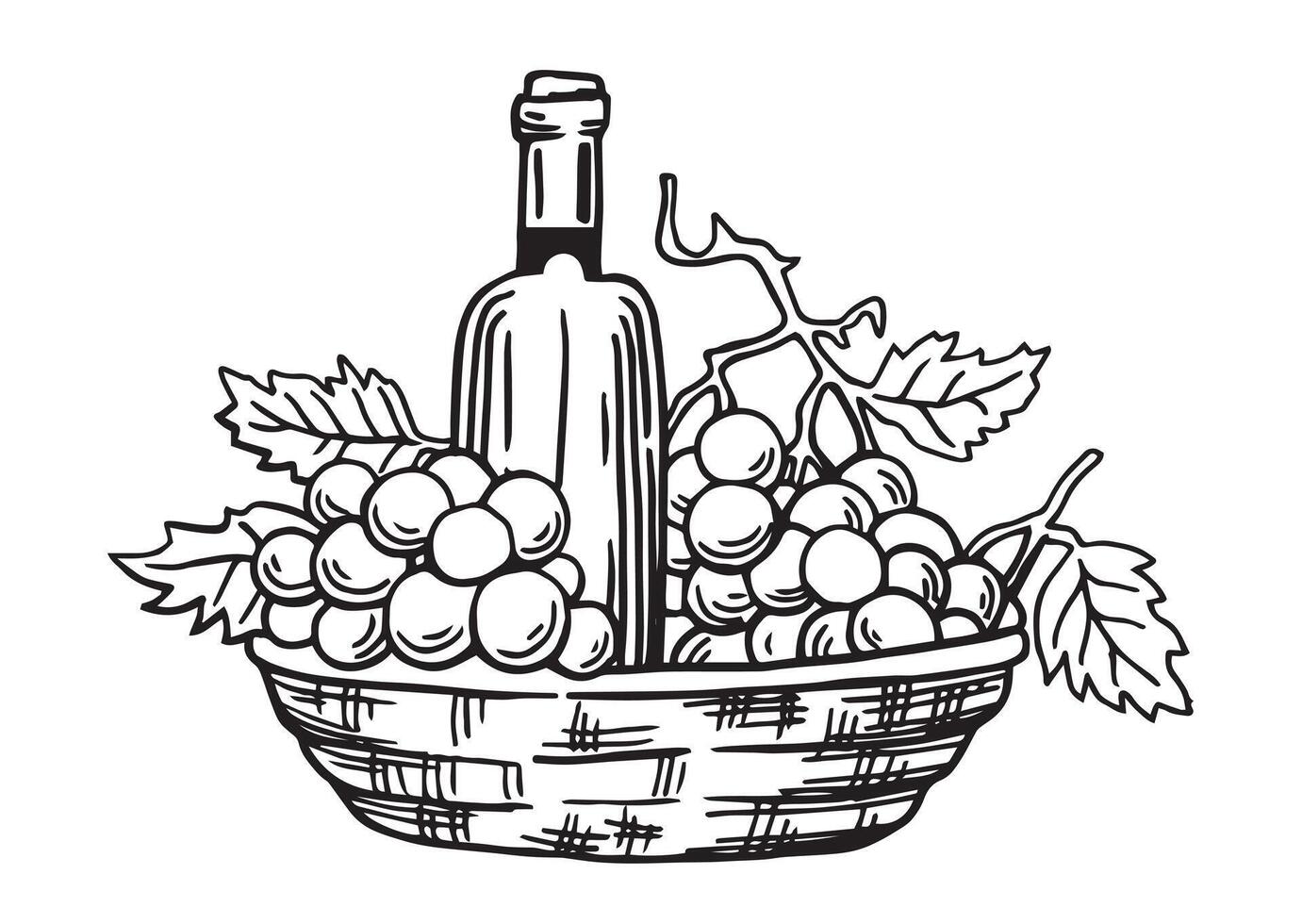 botellas de vino y un cesta de uvas. Clásico dibujo en bosquejo estilo. negro y blanco ilustración vector