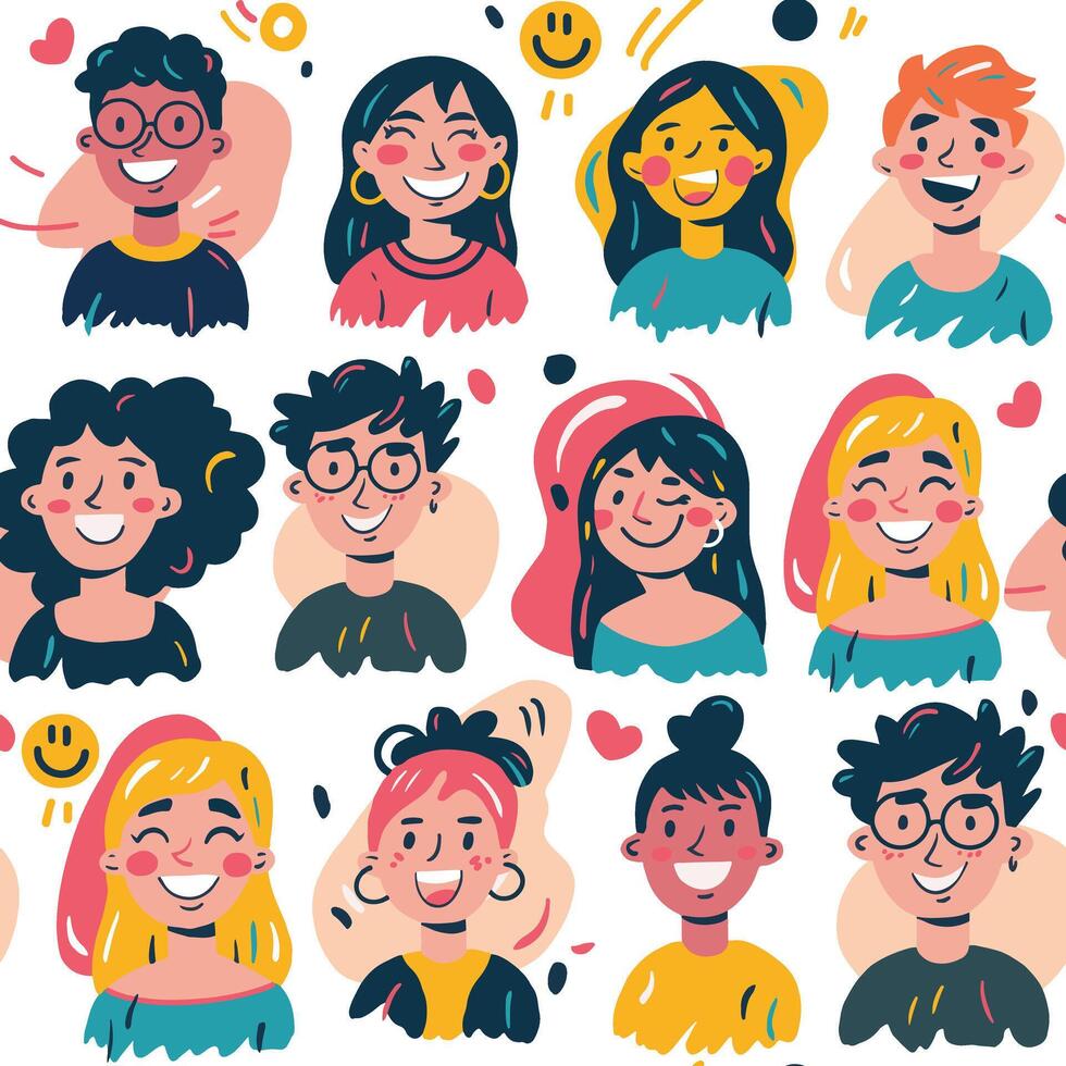 seamless pattern of funny portraits of young men and women, illustrations in cartoon style. trendy colors and abstract spots vector