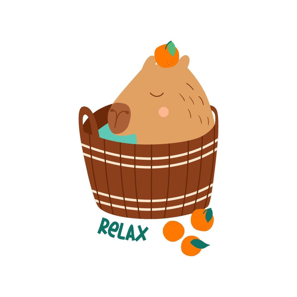 Cute capybara bathing with tangerines. Vector funny animal, positive phrase Relax. Capy character, sticker, poster, card. Childish hand drawn illustration isolated on white background. Adorable animal
