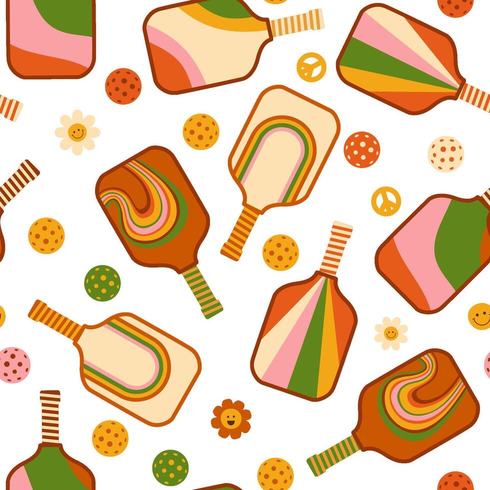 Pickleball seamless pattern in groovy retro 70s design. Summer game, sport repeat background. Vector tennis print, wallpaper, textile, fabric, wrapping. Vintage pickleball paddle balls illustration