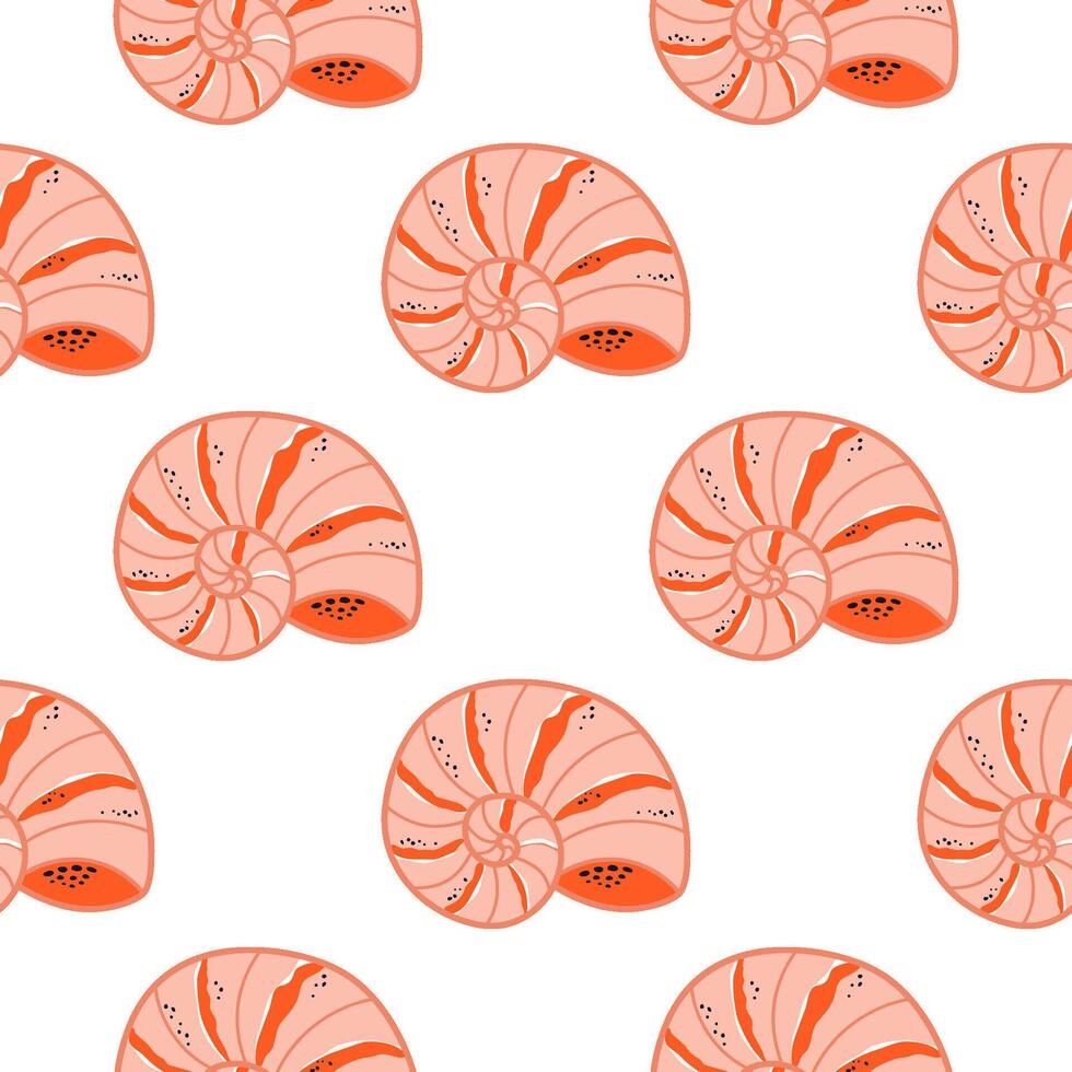 Pink sea shells seamless pattern. Cute summer hand drawn underwater repeat background, textile, wallpaper, ocean print in childish style. Vector illustration. Tropical or beach design