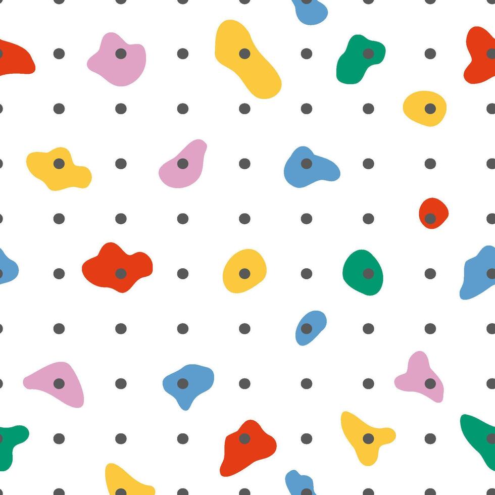 Climbing wall seamless pattern. Colorful holds for rock climbing on a grey wall in the gym. Vector bouldering sport repeat background, wrapping paper, package design, wallpaper, cute print.