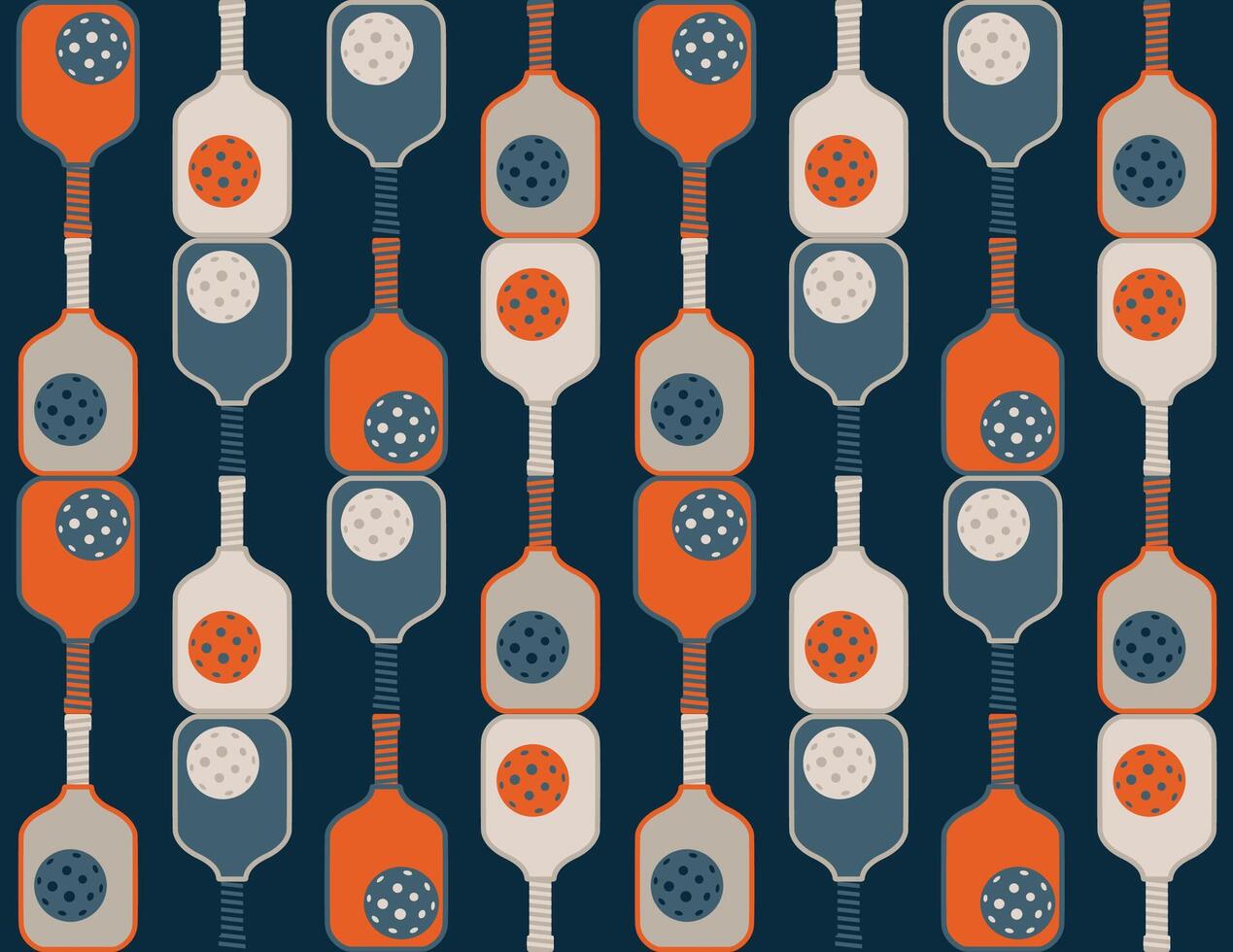Pickleball game seamless pattern. paddle and balls on the dark blue background. Summer sport repeat print, tennis wallpaper, textile, fabric, wrap, gift paper, package design. Vector illustration.