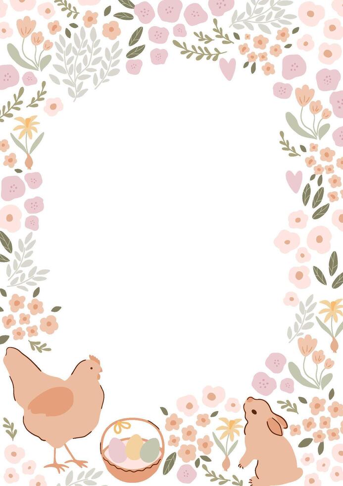 Floral Easter frame with hen, Easter eggs in basket, little rabbit bunny. Cute vector illustration in beige pastel colors, tiny meadow flowers. Spring card, poster, greeting, border element