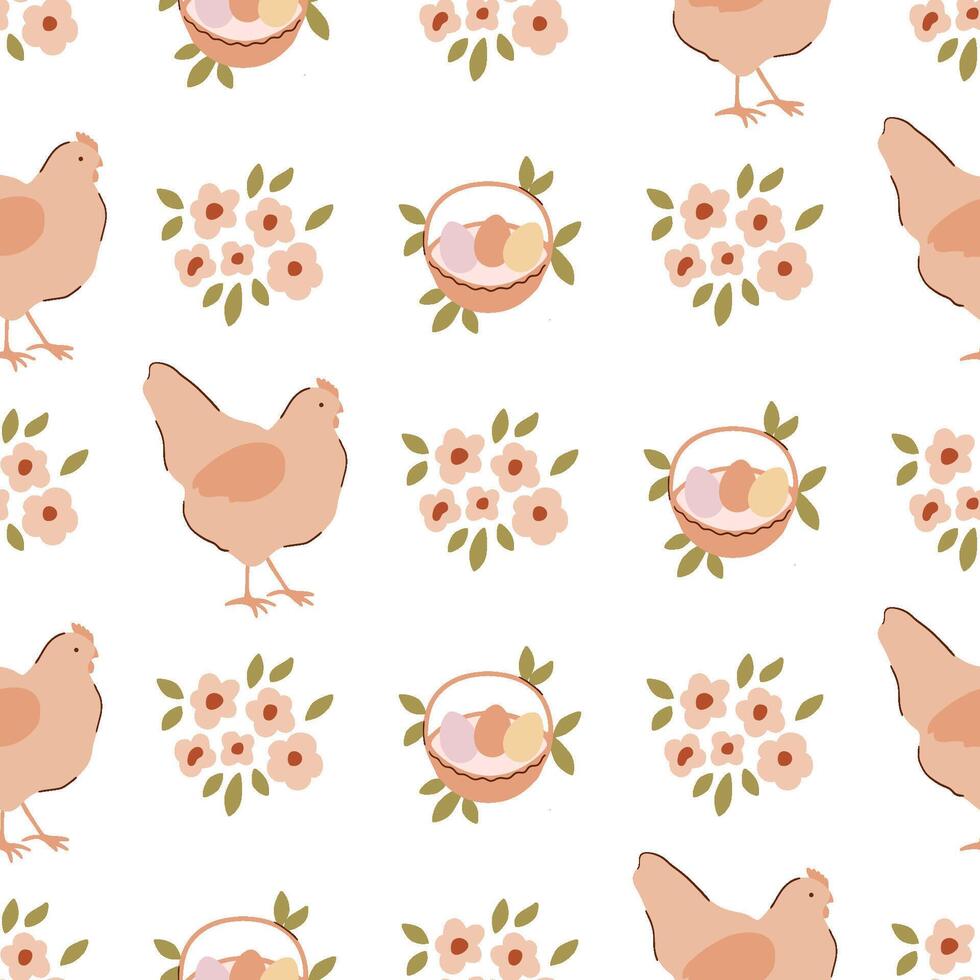 Beige Easter hen, eggs in basket, flowers seamless pattern. Pastel farm animal chicken repeat background, cute spring Easter holiday textile surface design. Sweet naive childish vector illustration