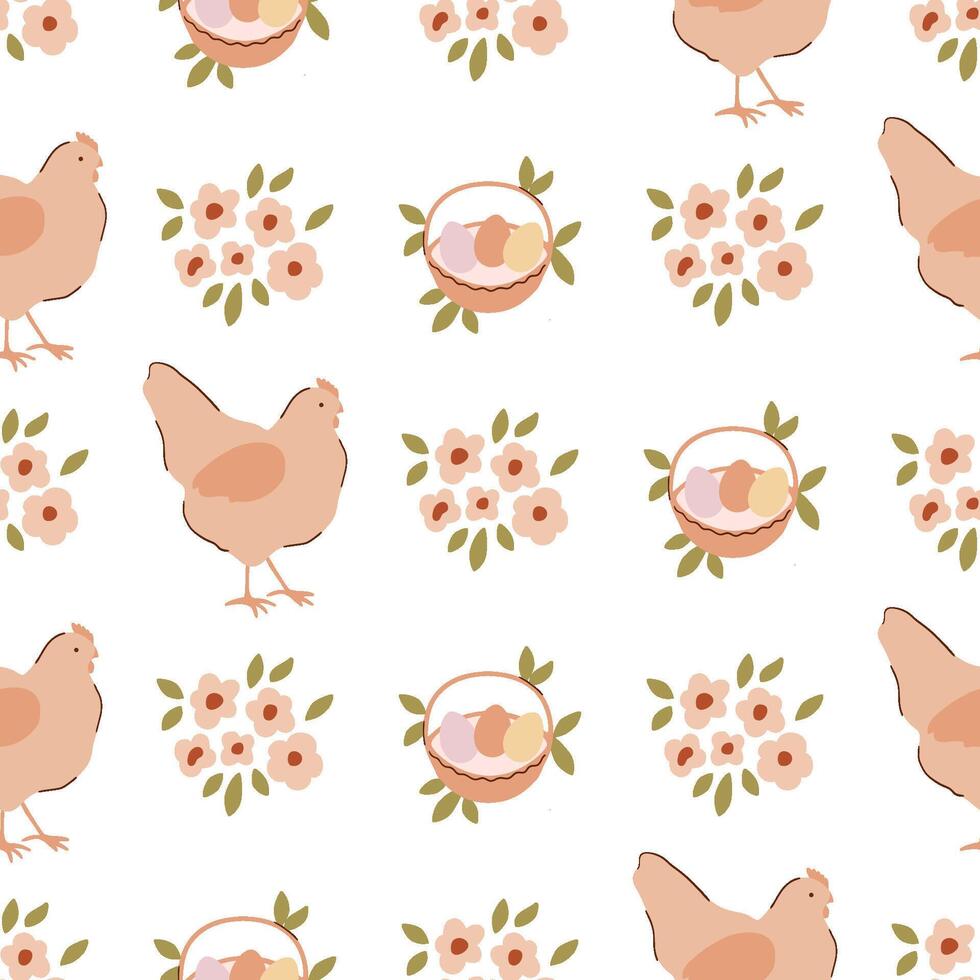 beige Pascua de Resurrección gallina, huevos en cesta, flores sin costura modelo. pastel granja animal pollo repetir fondo, linda primavera Pascua de Resurrección fiesta textil superficie diseño. dulce ingenuo infantil vector ilustración