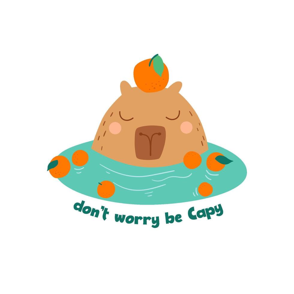 Cute capybara capybara in water with orange fruits. Funny animal character, cool isolated element, posters, cards. Adorable nice animal. Childish hand drawn capy pet vector illustration, summer vibe.