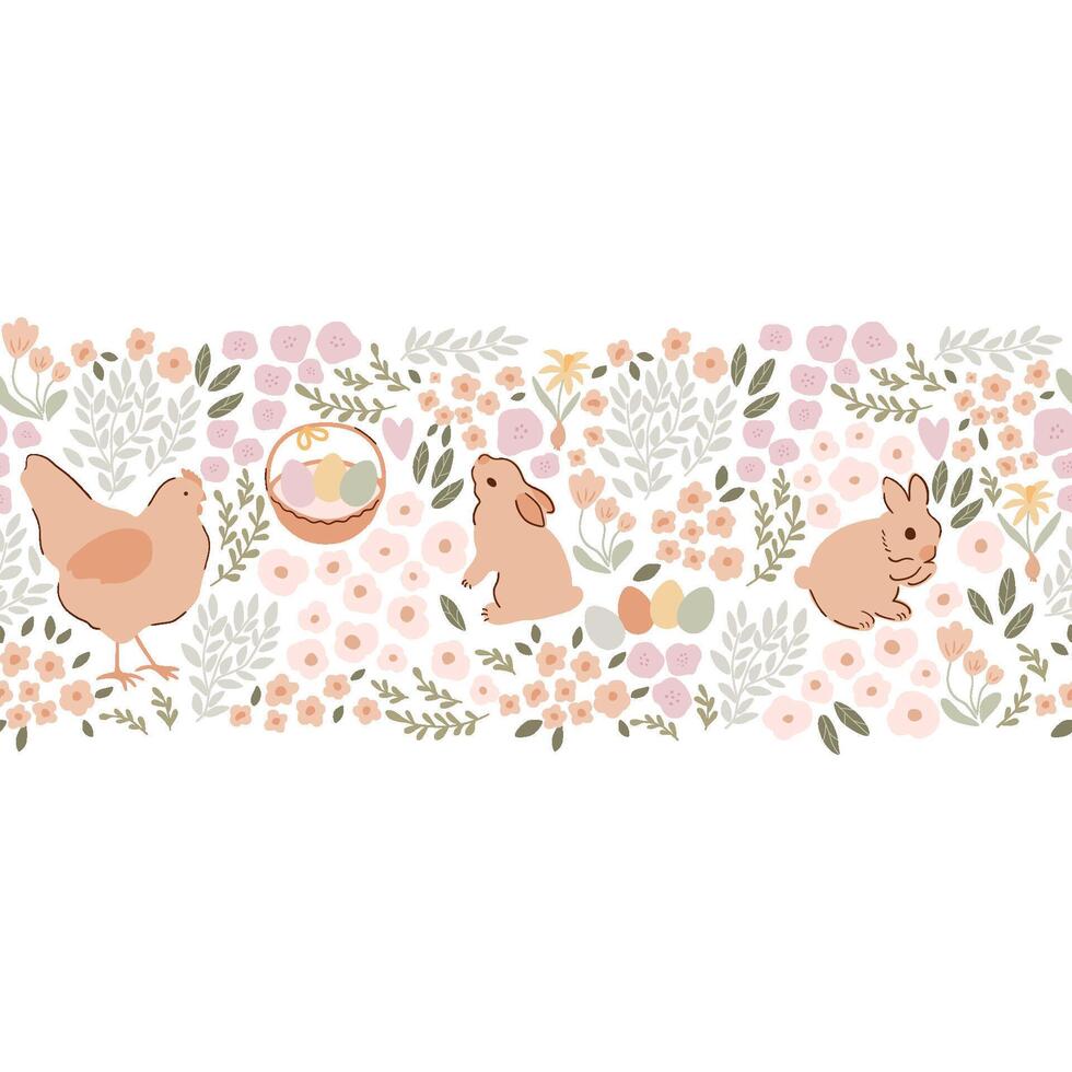 Beige Easter hen, flowers, baby rabbit, eggs, floral seamless border. Vector spring tiny flowers and farm animal illustration. Pastel hand drawn repeat background for Easter holiday summer farm life.