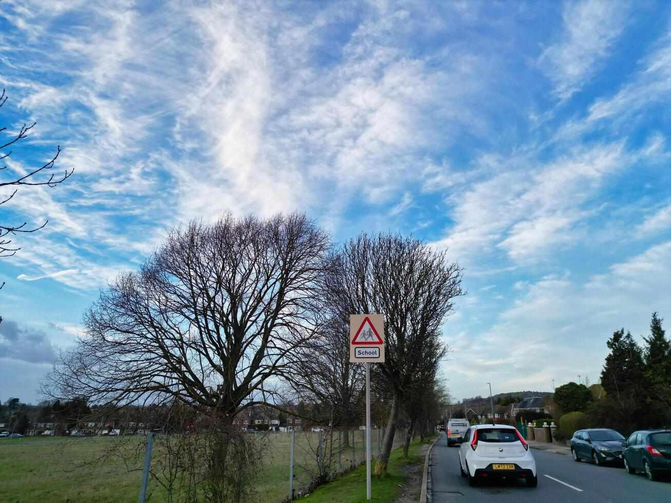 High Angle view of Barnfield College Road at East Luton City of England during Sunset. Luton, England UK. Feb 19th, 2024 photo