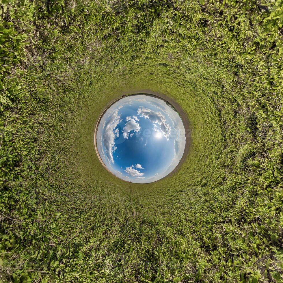 blue hole sphere little planet inside green grass round frame background photo