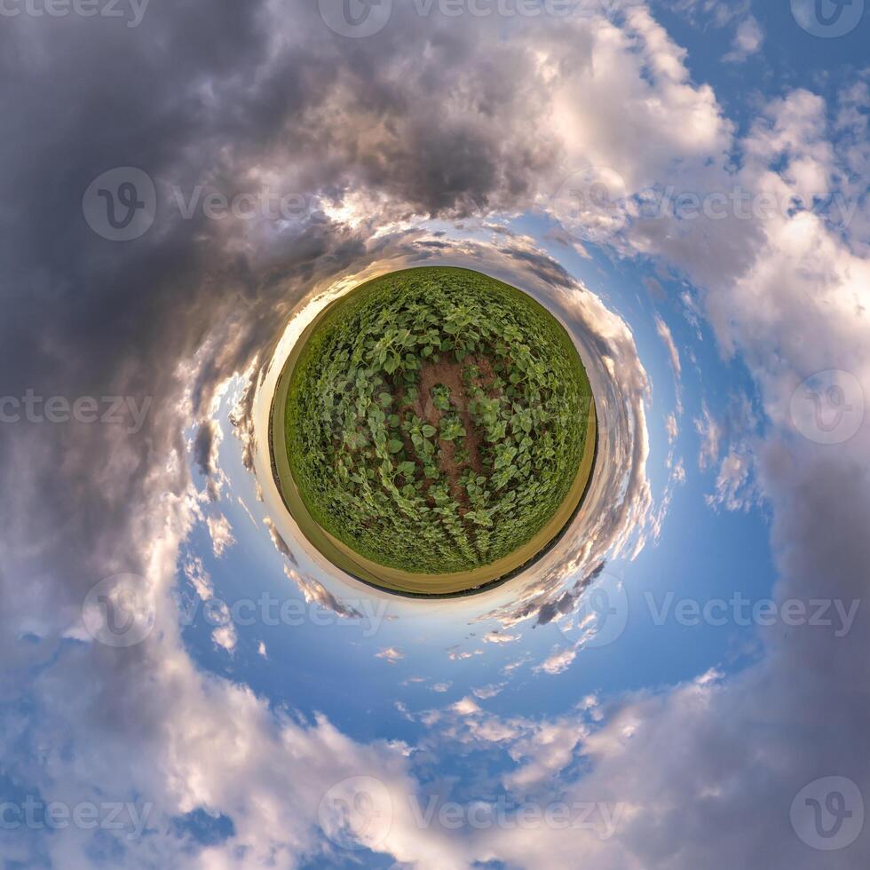 simple tiny planet without buildings in blue sky with beautiful clouds. Transformation of spherical panorama 360 degrees. Spherical abstract aerial view. Curvature of space. photo