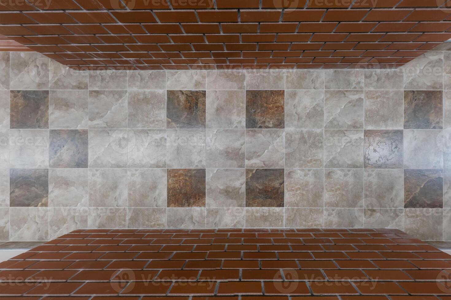 stone and ceramic floor tiles texture in corridor, view from above photo