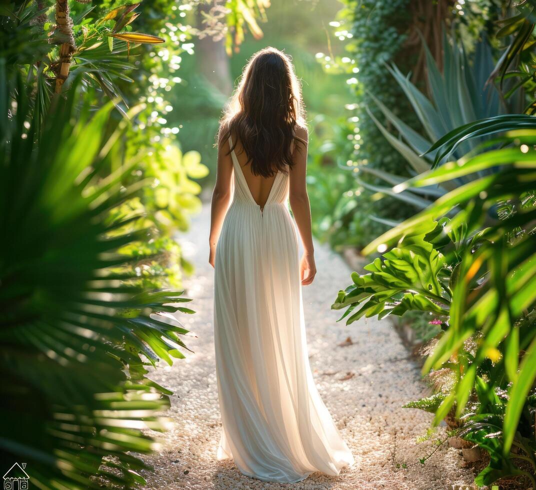 AI generated bride walks down the path in an arboretum photo