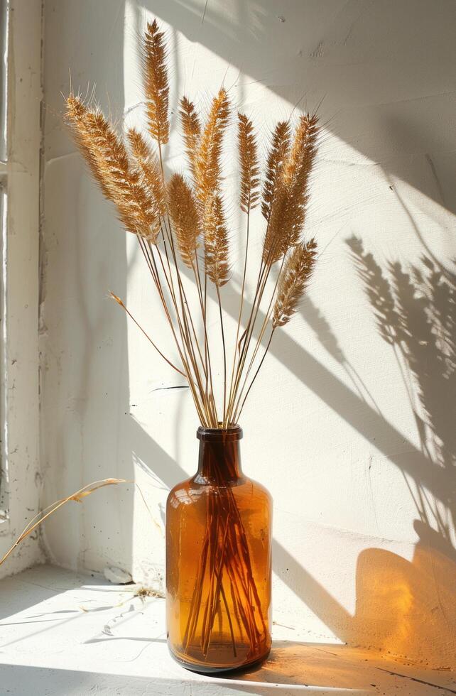 AI generated brown bottle holding wheat stalks against white wall photo