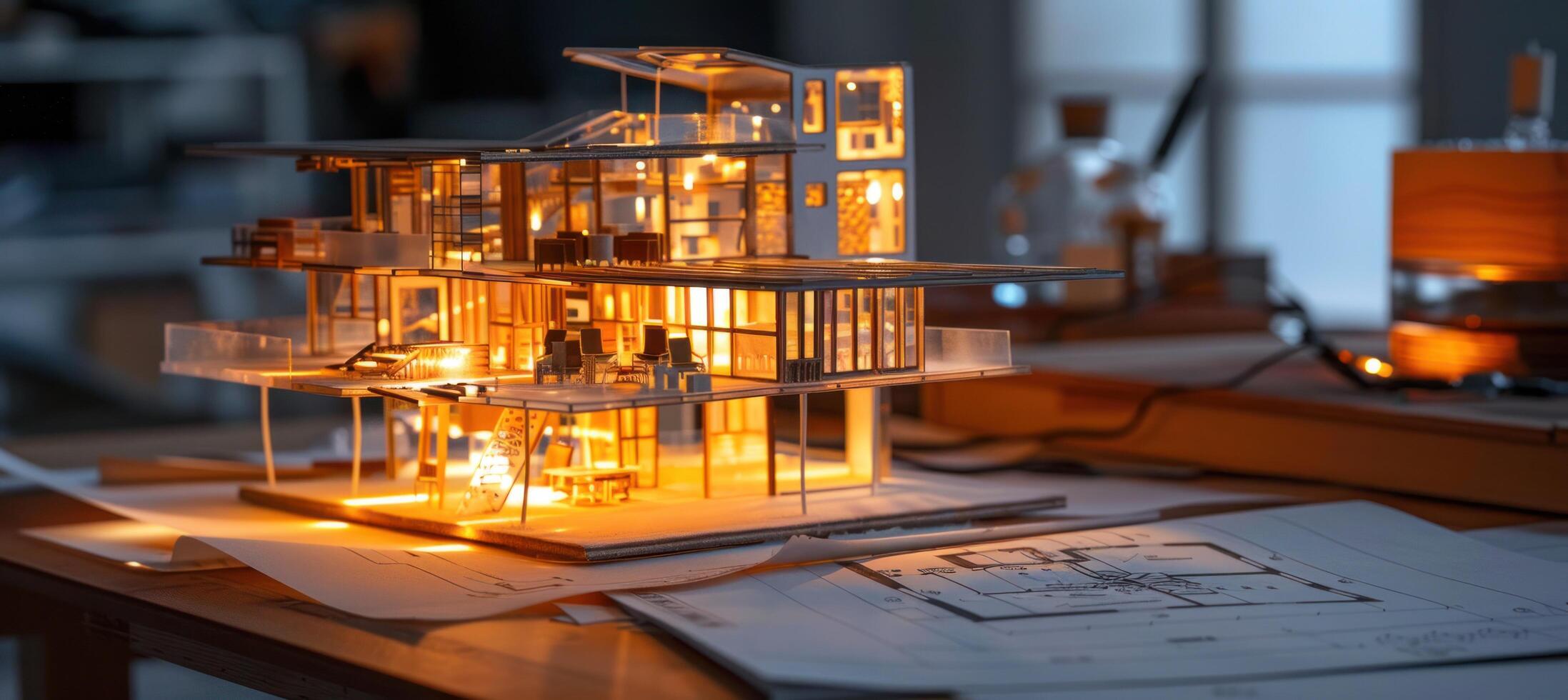 AI generated Architectural Model of Modern Apartment Building at Dusk photo
