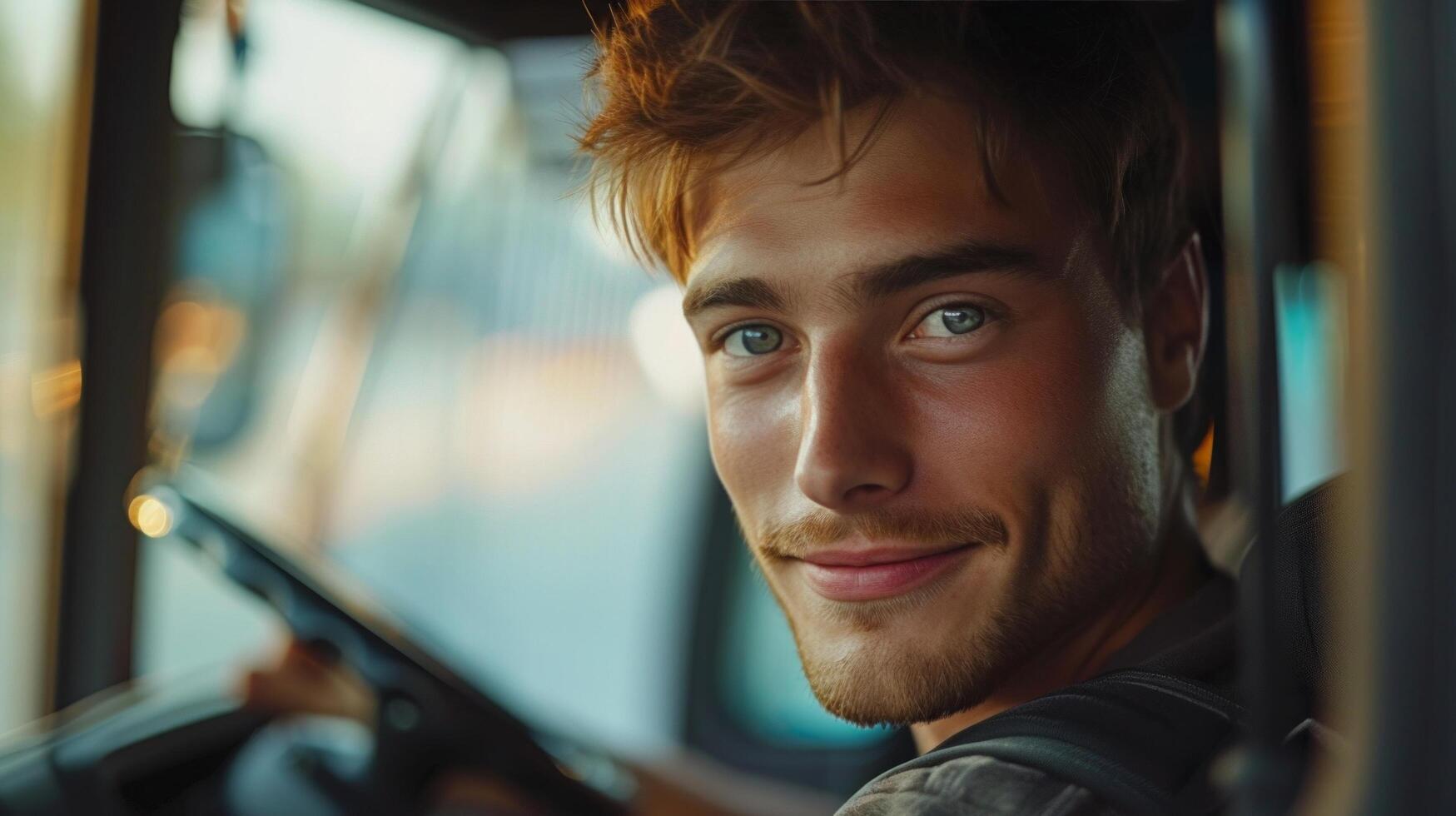 AI generated Young handsome bus driver sits behind the wheel of a bus