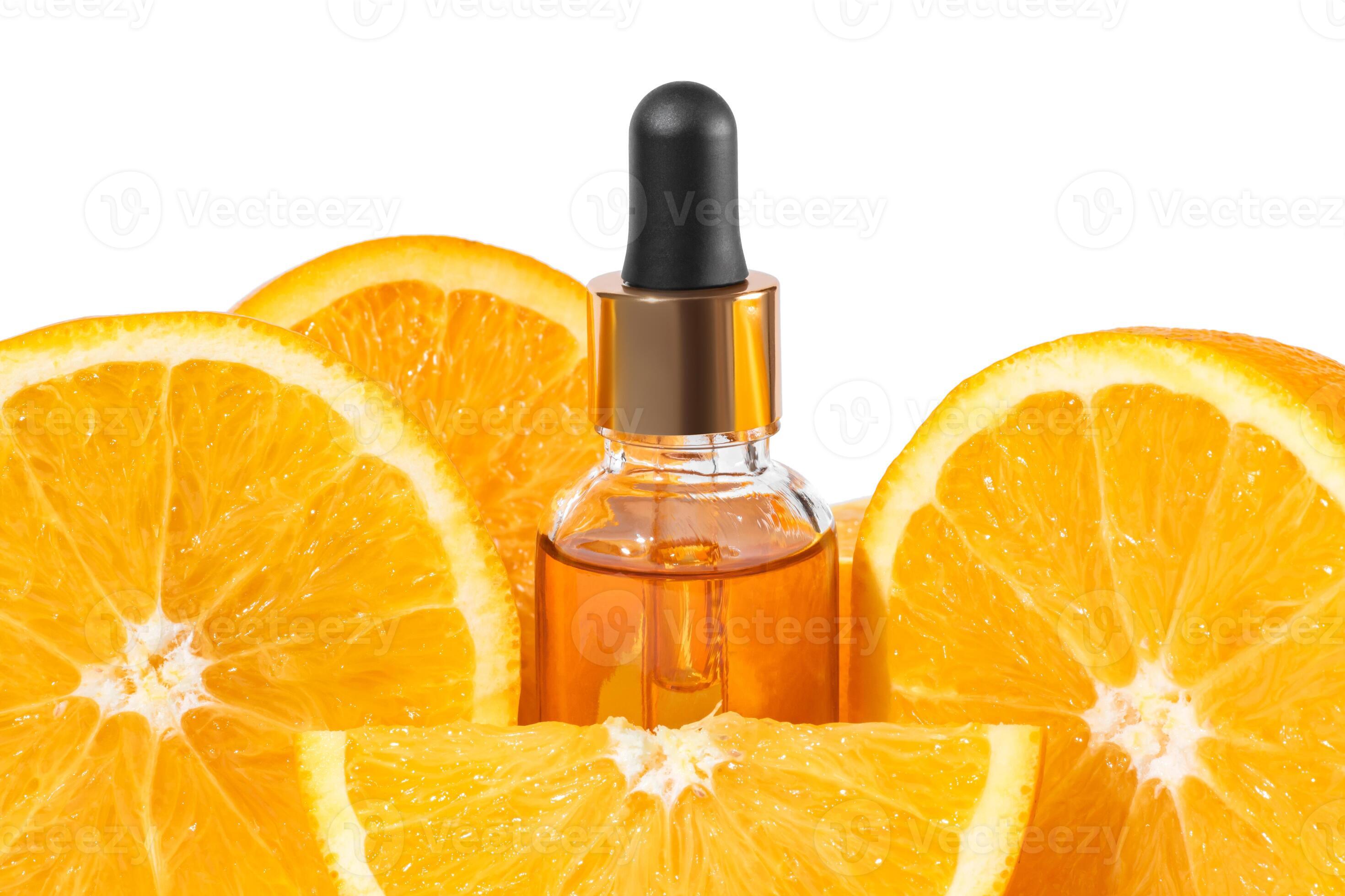 Vitamin C in liquid serum with citrus fruits. skin care product