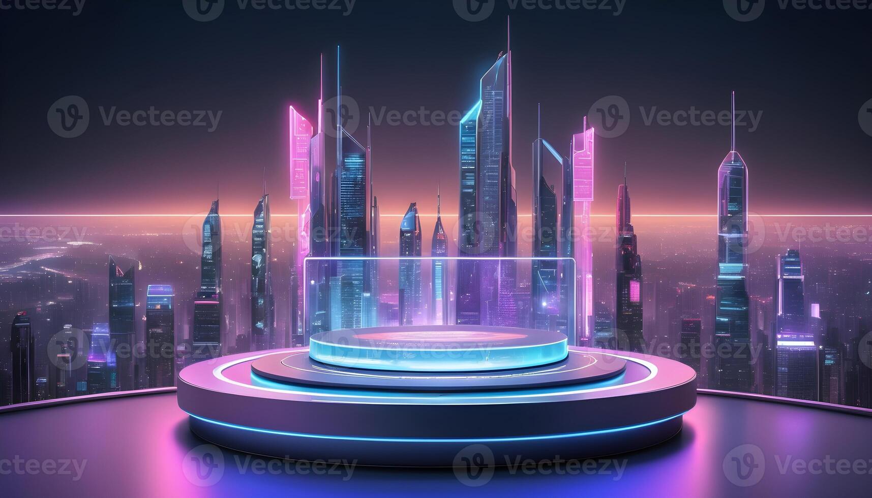 ai generado futurista producto podio con rosado y azul luces foto