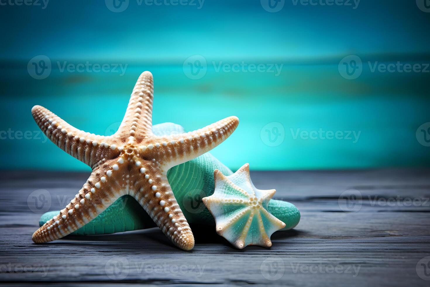 AI generated Summer background. Seashells and stars border on sand. Neural network AI generated photo