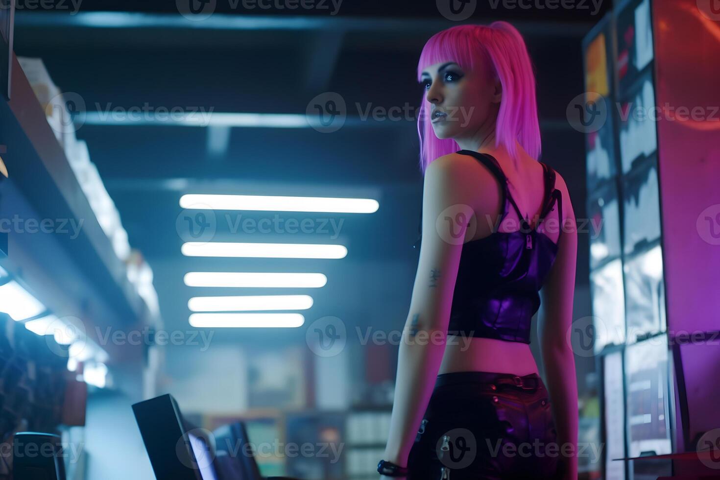 AI generated Retrowave synthwave girls portrait. Futuristic photo of the 80s on a neon background. Neural network AI generated