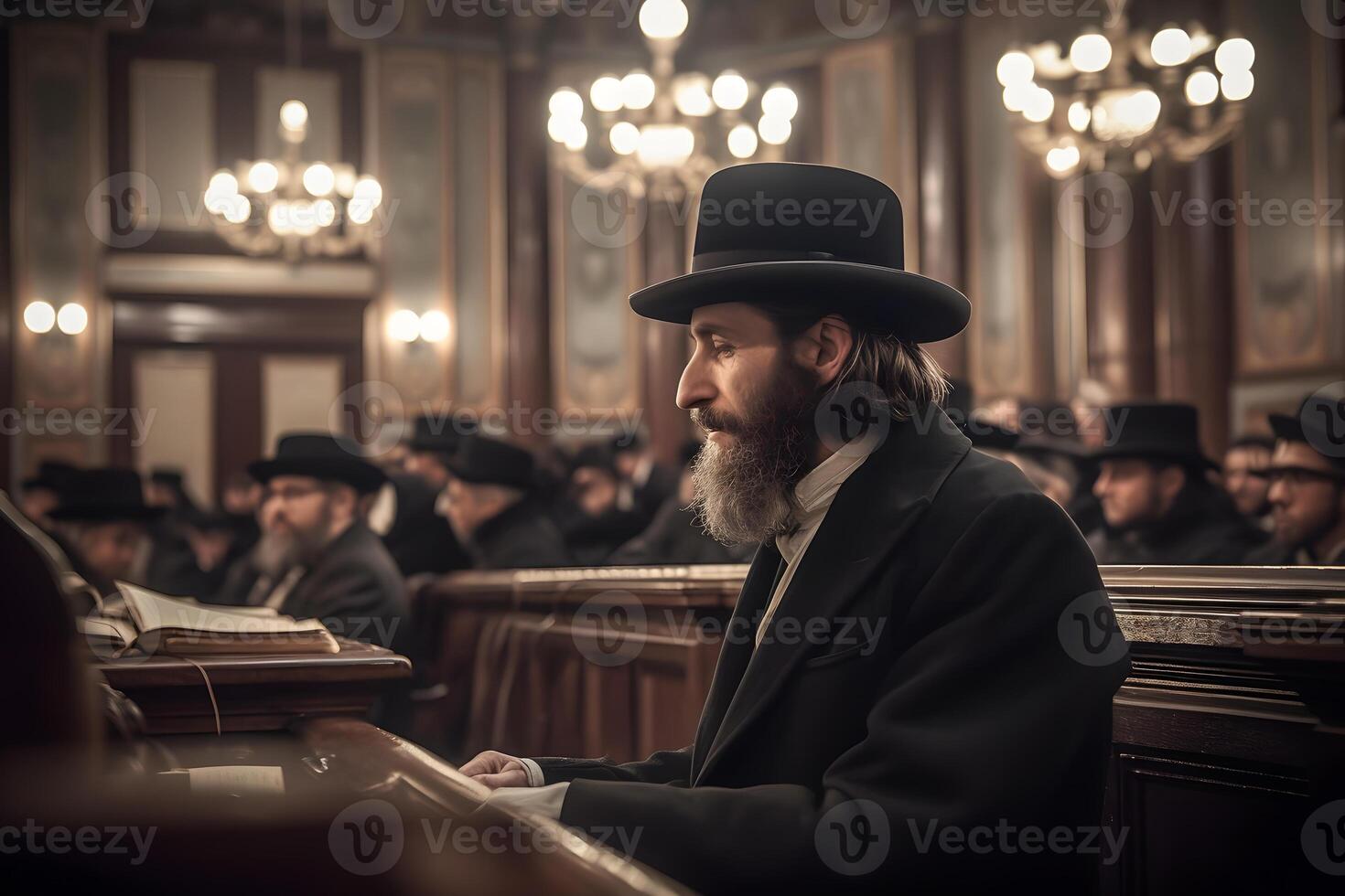 AI generated Orthodox Jew reads prayers in the temple. Neural network AI generated photo