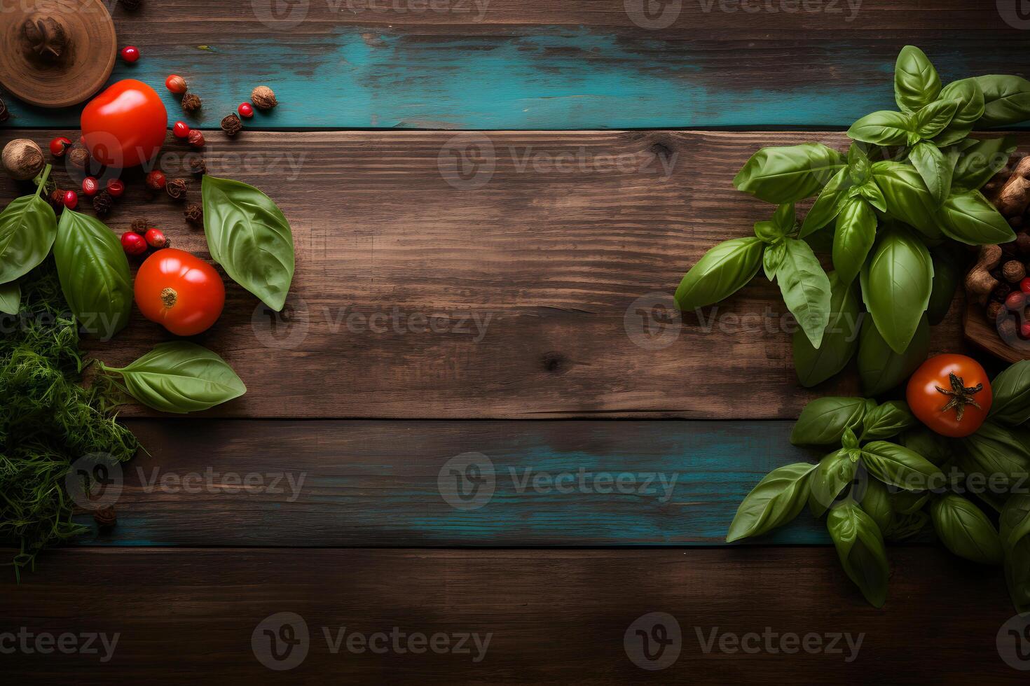 AI generated Basil and other spicy on a wooden table. Neural network AI generated photo