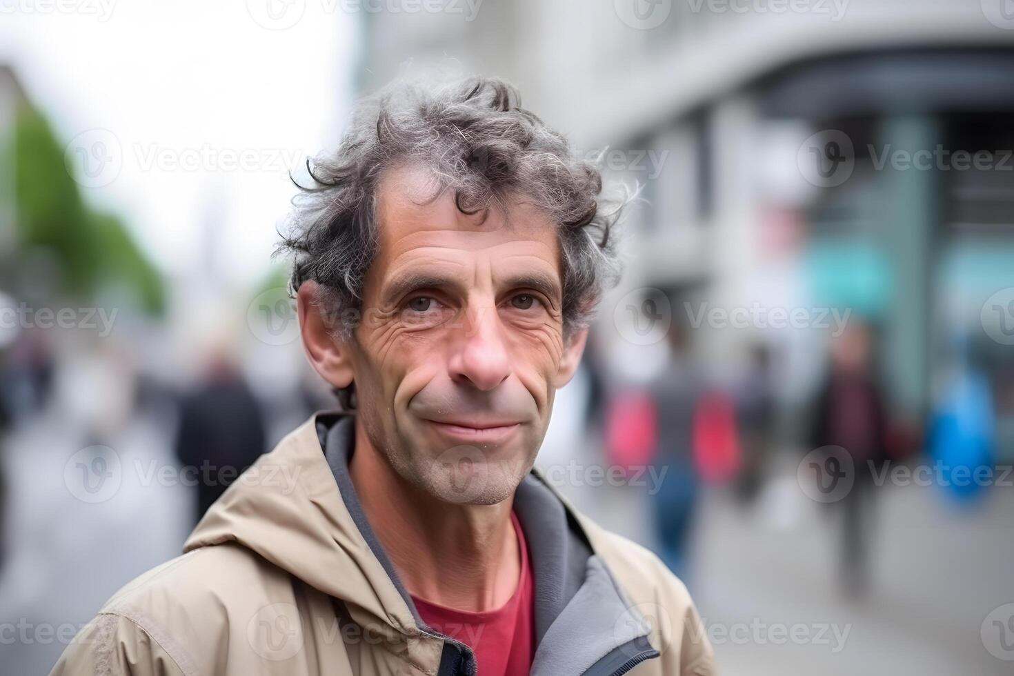 AI generated Street Portrait of an elderly man on a blurry background of a street and a crowd of people in a European city. Neural network AI generated photo