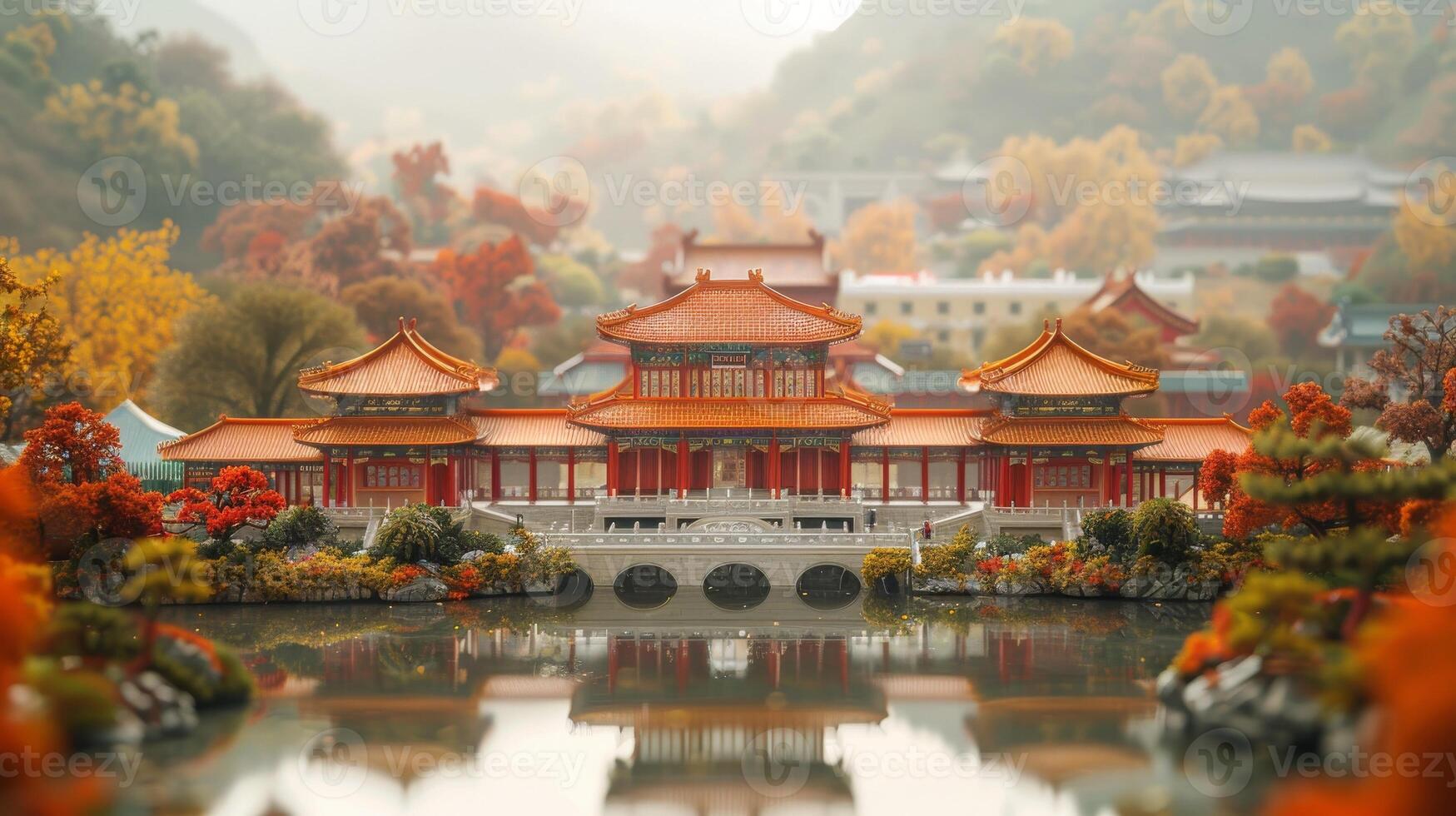 AI generated Chinese temple in the autumn season with reflection on the lake. Selective focus. photo